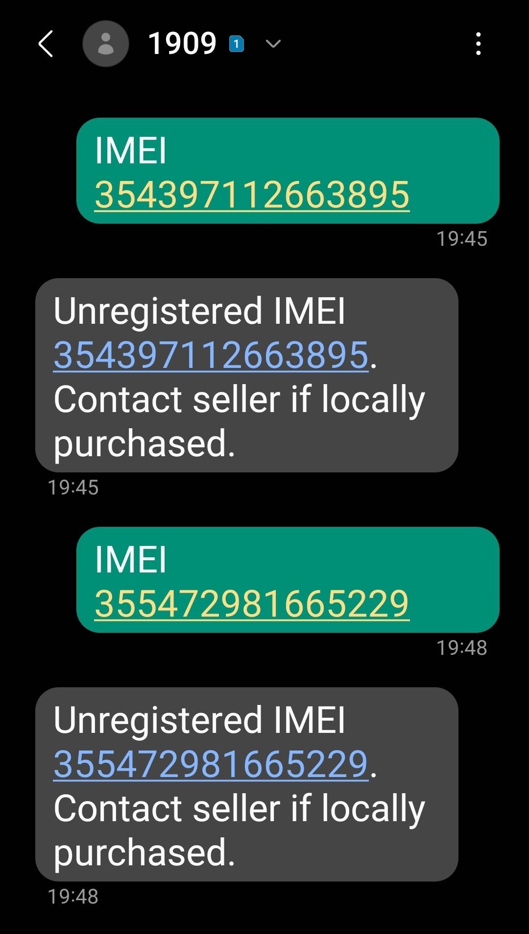 Screenshot showing a text message conversation about unregistered IMEI numbers and instructions to contact the seller.